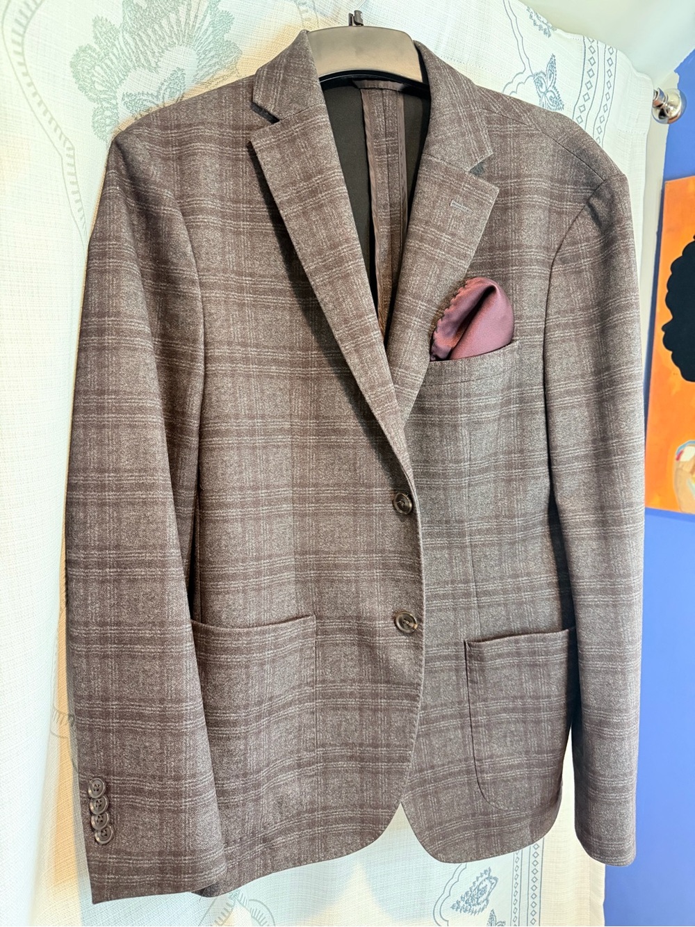 Bar III Brown Plaid Sport Coat with Pink Pocket Square